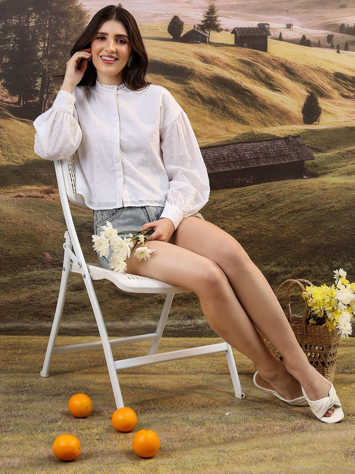 Tokyo Talkies White Self Design Schiffli Band Collar Cuffed Sleeves Shirt Style Top