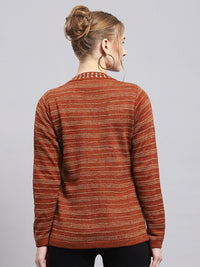 Monte Carlo Self Striped Front Open Cardigan Sweater With Embellished Detail