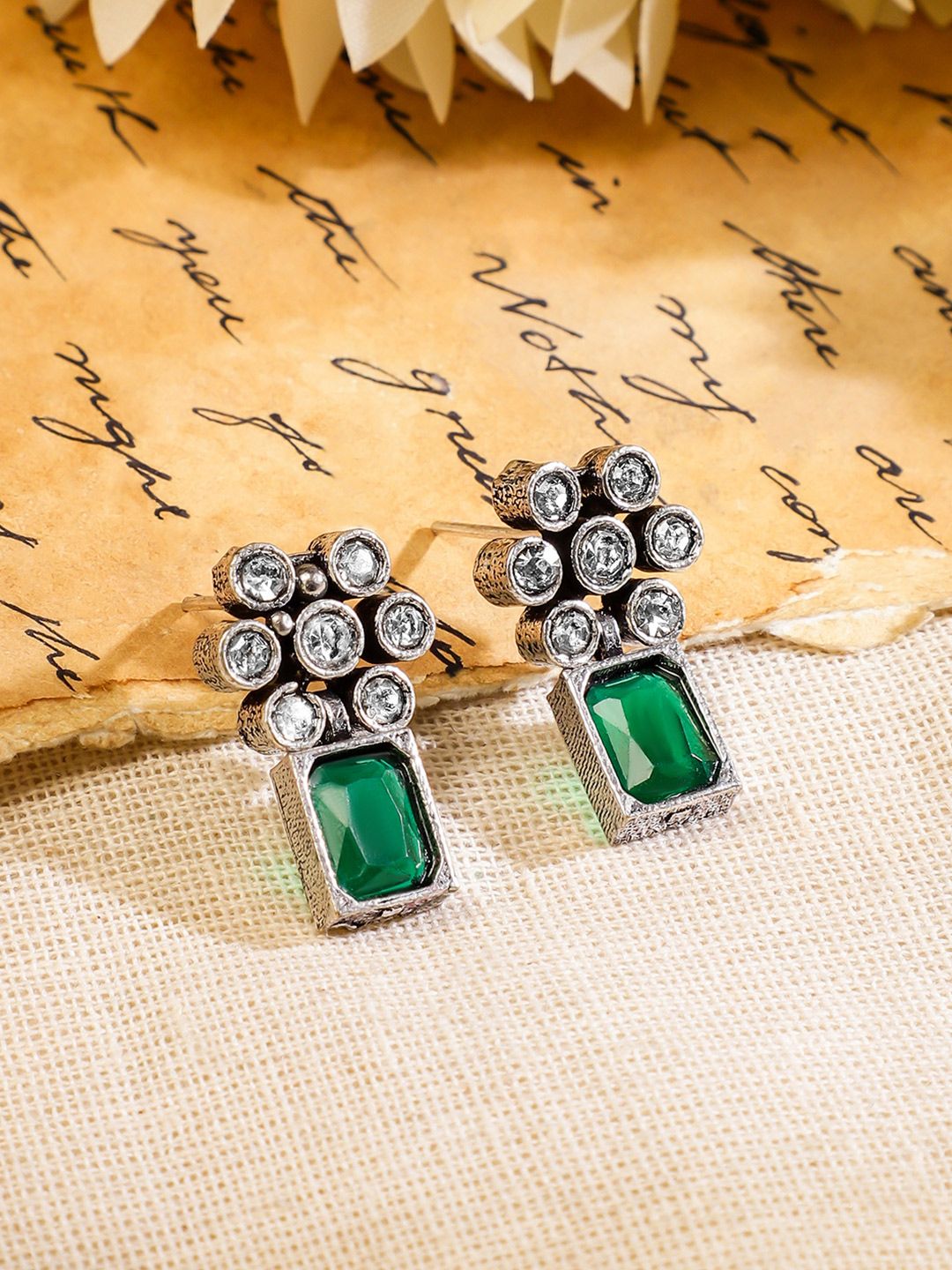Rubans Oxidised Silver Plated Emerald Studded Handcrafted Floral Necklace Set