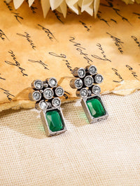 Rubans Oxidised Silver Plated Emerald Studded Handcrafted Floral Necklace Set