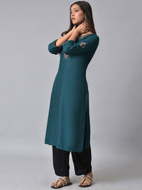 W Round Neck Geometric Yoke Design Thread Work Straight Kurta