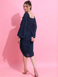 Tokyo Talkies Navy Blue Square Neck Long Puff Sleeves Ruffled Ruched Sheath Dress