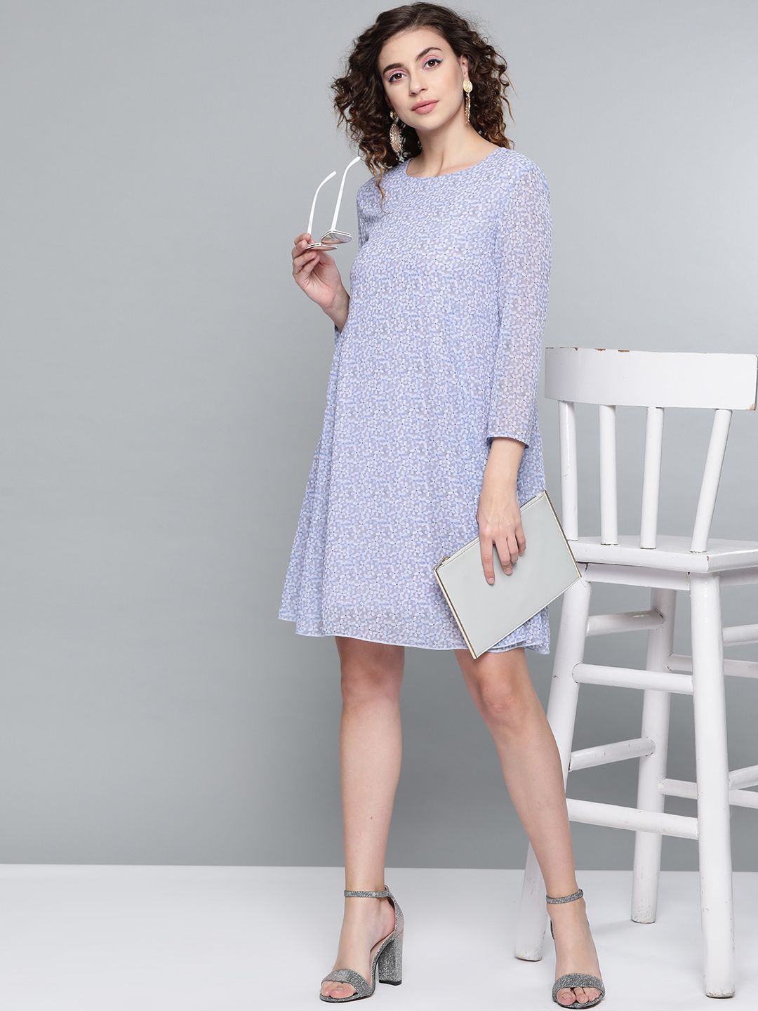 SASSAFRAS Lavender & Off-White Ditsy Floral Trapeze Dress