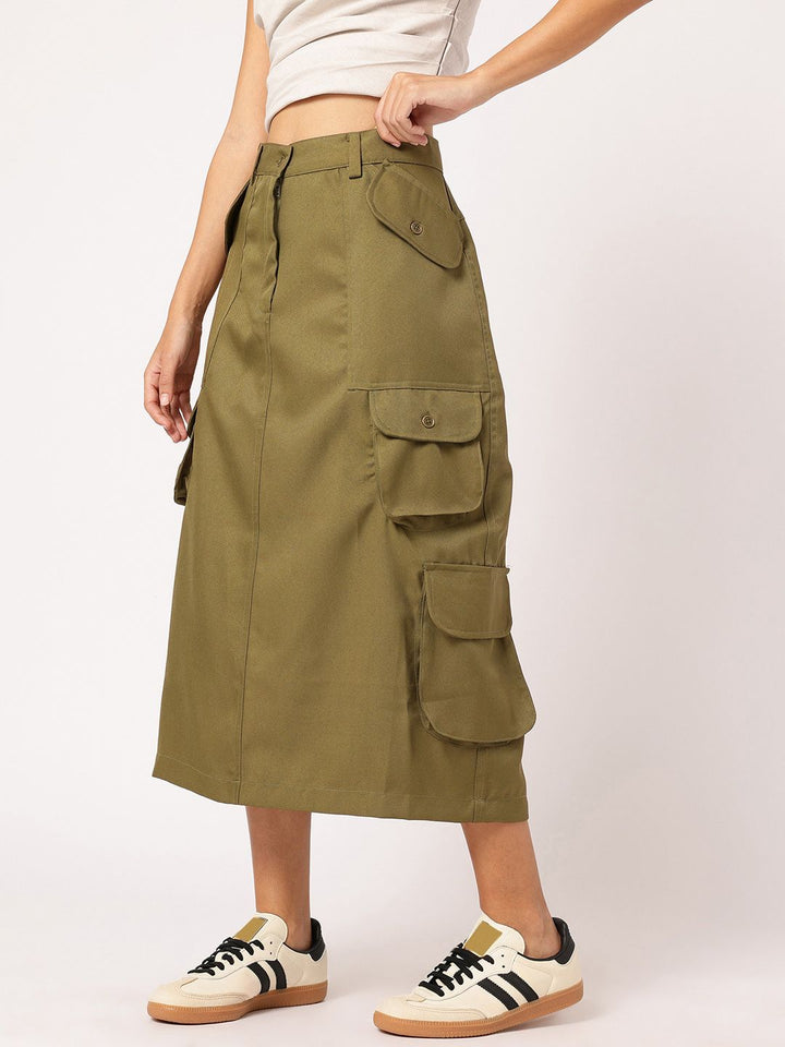 DressBerry Utility Chic Multi Pockets Cargo Styles Midi A-Line Skirt