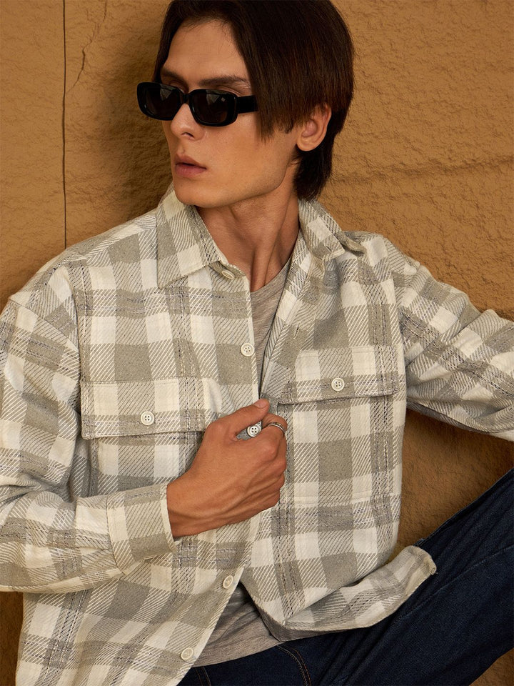 DENNISON Men Double Pocket Drop Shoulder Oversized Cotton Checked Shacket
