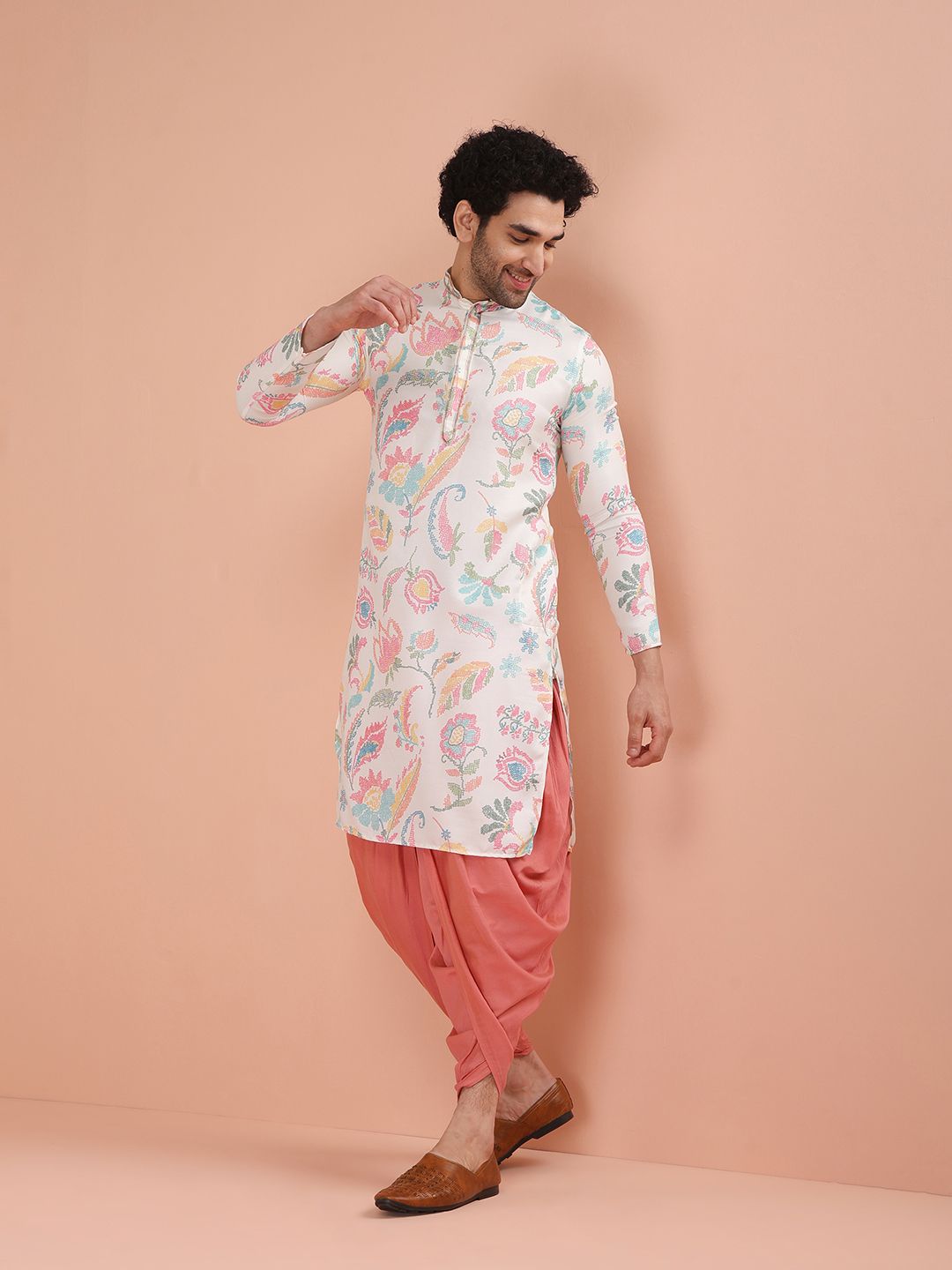 KISAH Floral Printed Mandarin Collar Kurta With Dhoti Pants