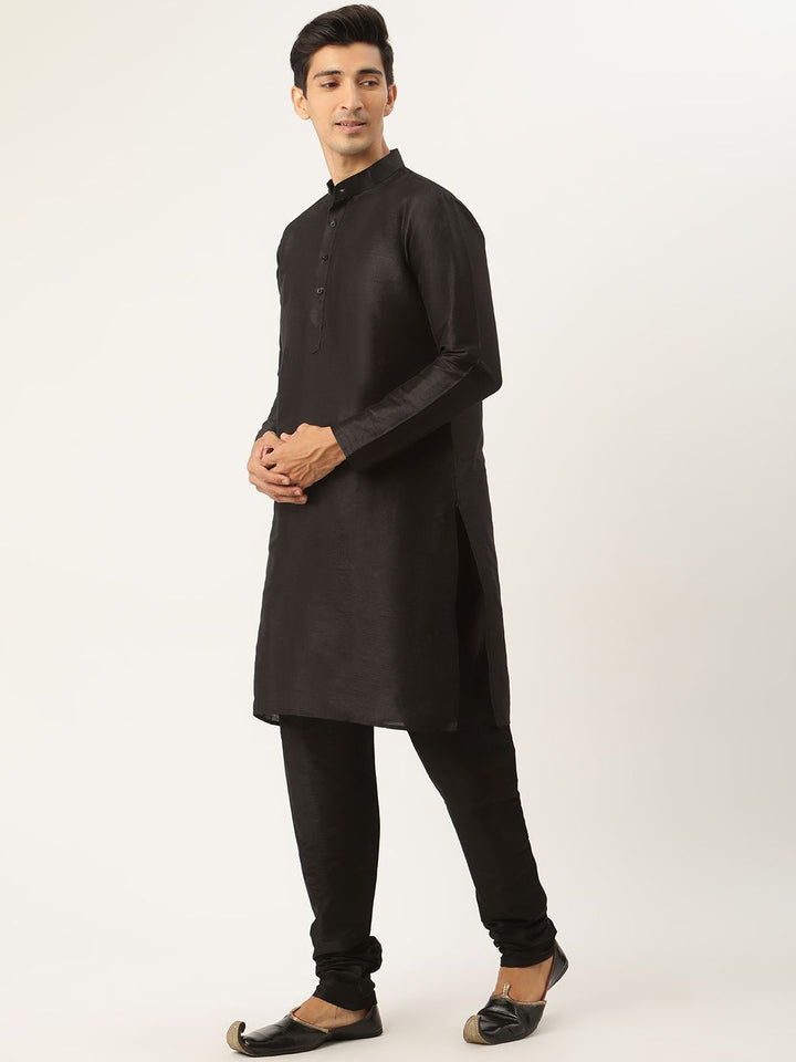 SOJANYA Men Black Solid Kurta Set With Ethnic Motifs Printed Nehru Jacket