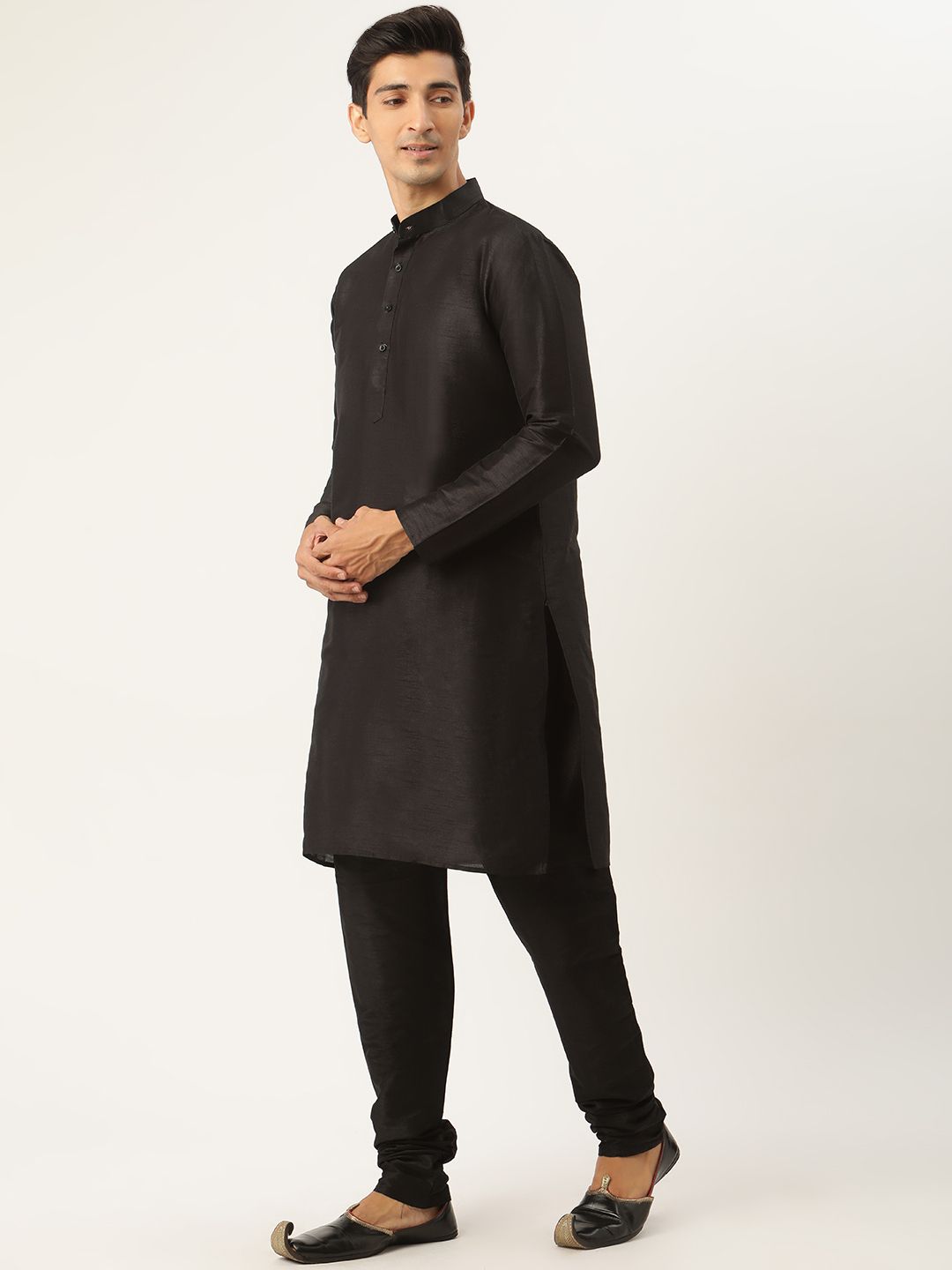 SOJANYA Men Black Solid Kurta Set With Ethnic Motifs Printed Nehru Jacket
