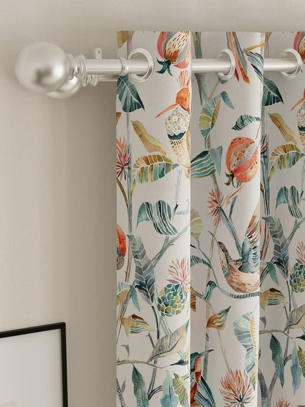 URBAN SPACE Set of 2 White & Peach Floral Printed Room Darkening Long Door Curtains
