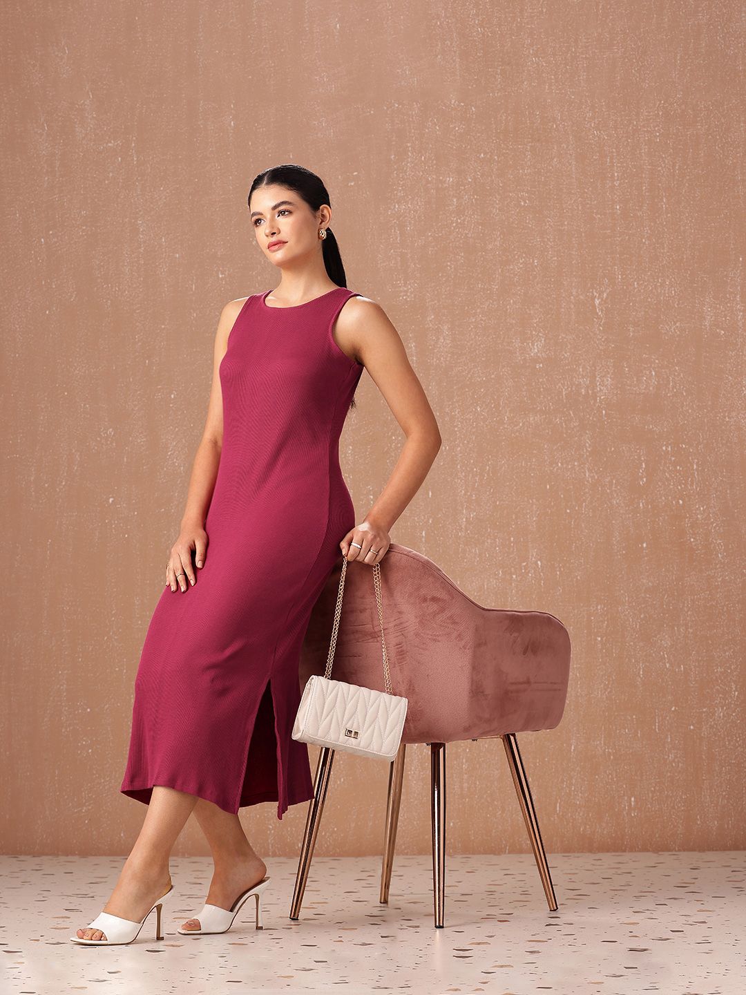 all about you Pure Cotton Ribbed Sleeveless Side Slits Sheath Midi Dress