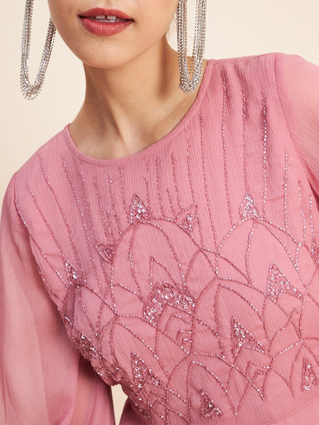 Antheaa Pink Embellished Puff Sleeves Gathered Fit & Flare Midi Dress