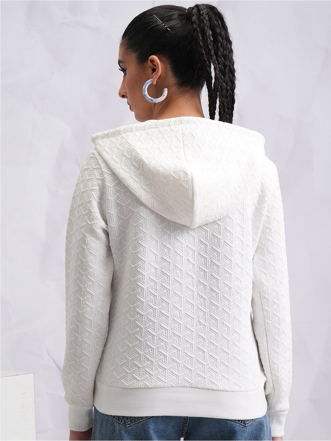 Tokyo Talkies White Self Design Hooded Pullover Sweatshirt