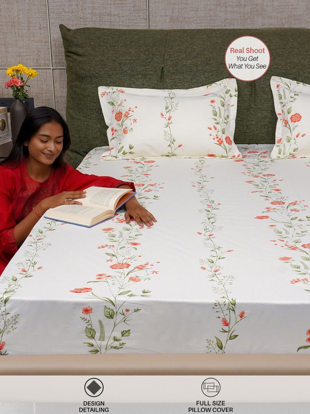 URBAN SPACE Peach-Coloured Printed Cotton 200 TC Queen Bedsheet With 2 Pillow Covers
