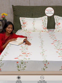URBAN SPACE Peach-Coloured Printed Cotton 200 TC Queen Bedsheet With 2 Pillow Covers
