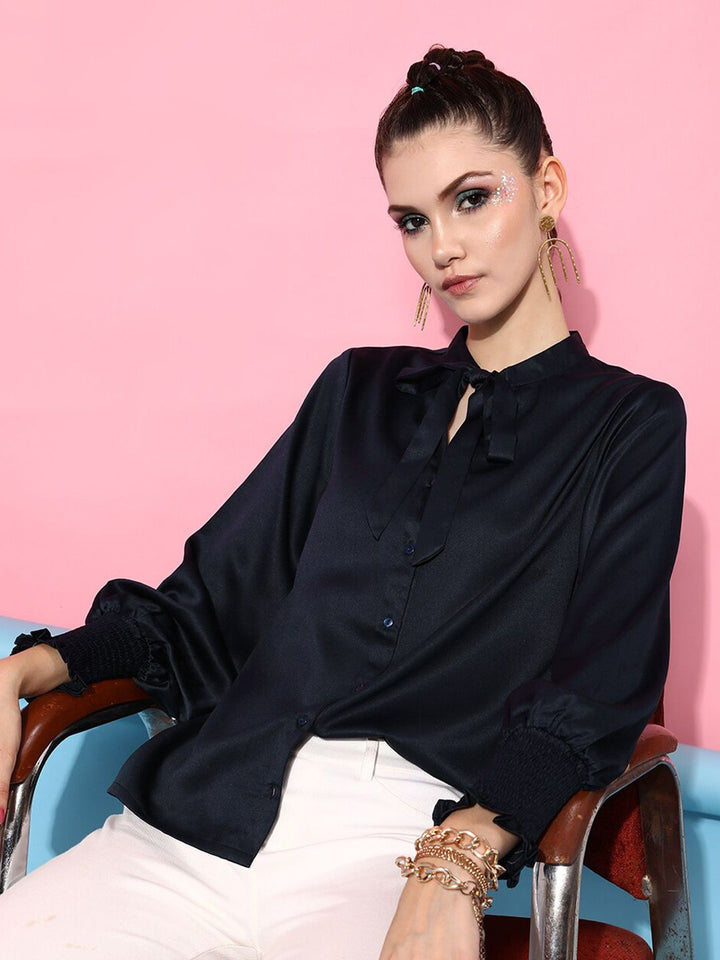 STREET 9 Women Navy Blue Tie-Up Neck Casual Shirt