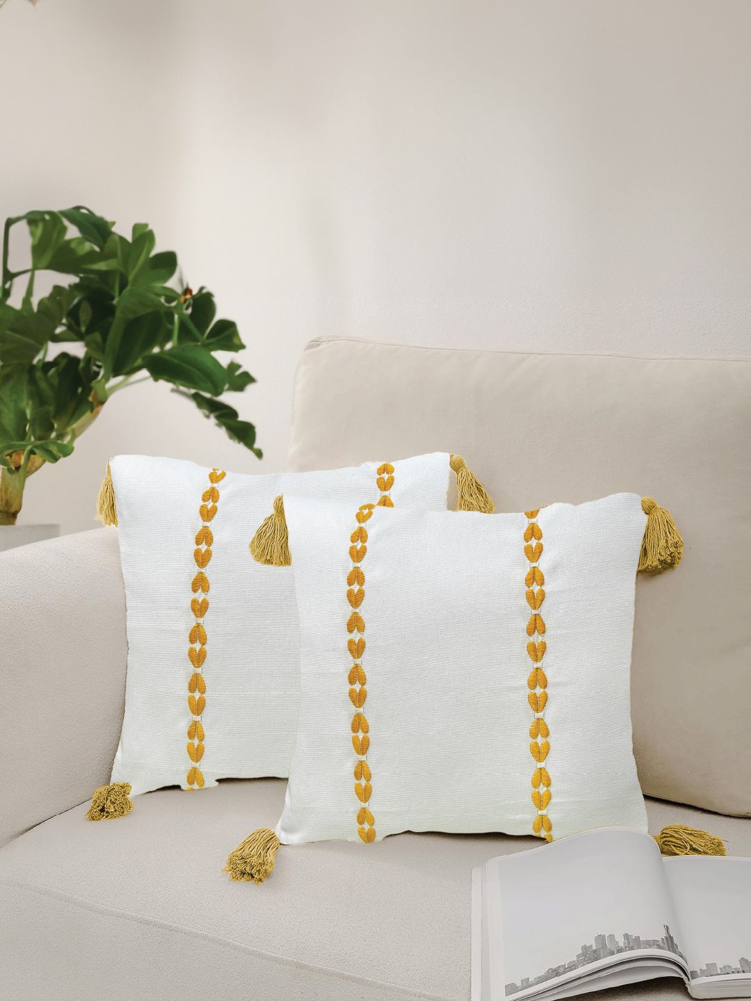 URBAN SPACE Yellow & White 2 Pieces Embroidered Pure Cotton Square Cushion Covers