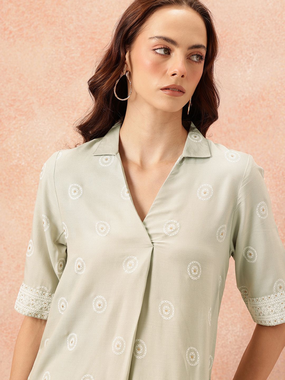 all about you Ethnic Motifs Printed Shirt Collar A-Line Kurta with Trousers