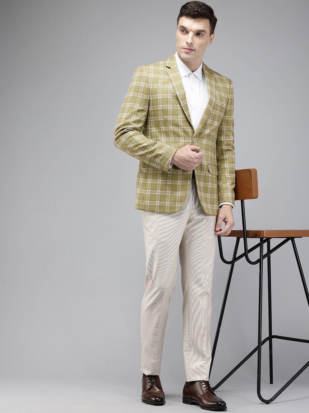 Park Avenue Notched Lapel Single Breasted Checked Slim Fit Formal Blazer