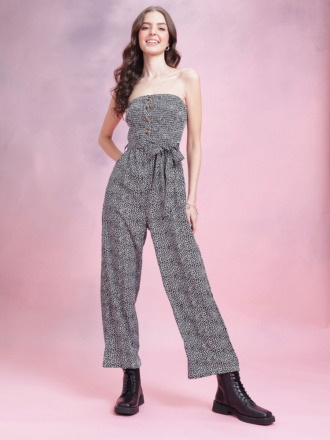DressBerry Floral Printed Smocked Mock Buttons Strapless Jumpsuit with Belt