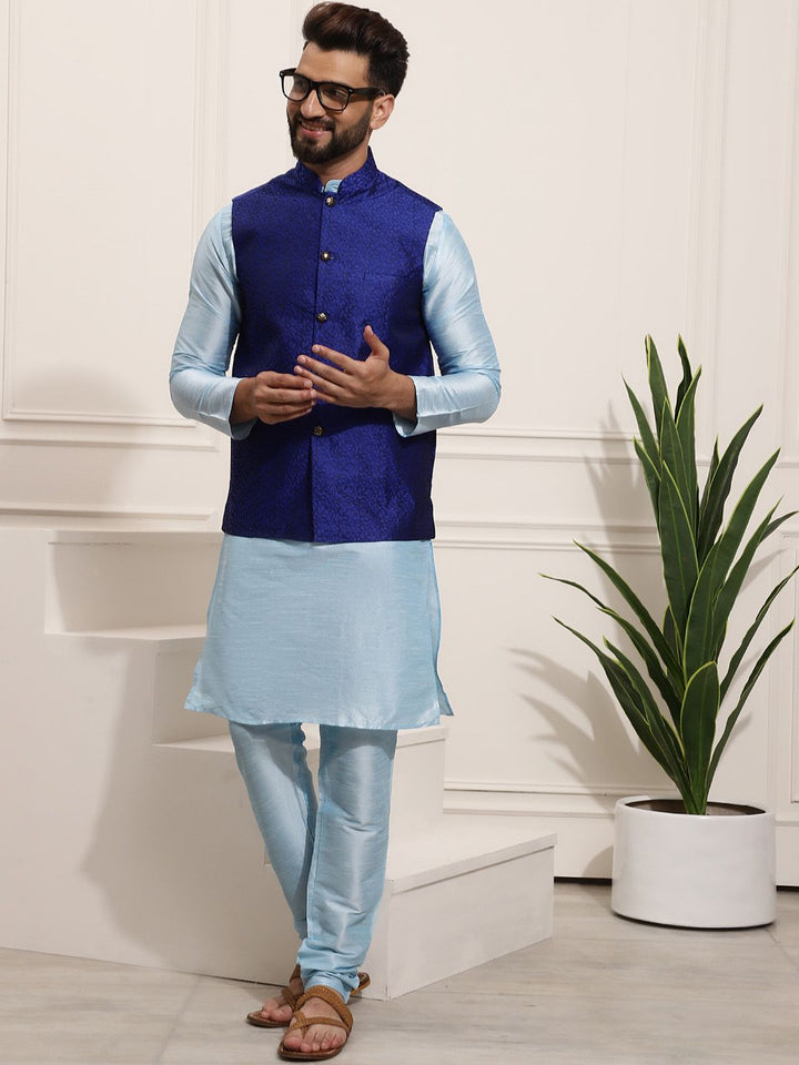 SOJANYA Men Blue Solid Kurta with Churidar & Nehru Jacket