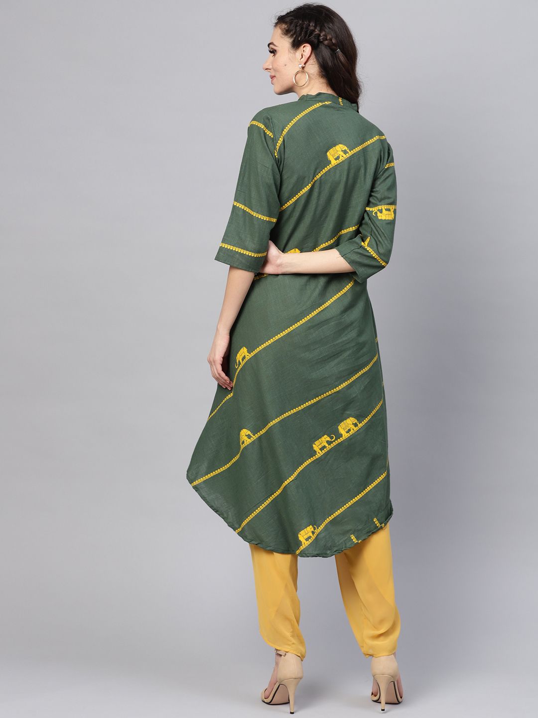 SOJANYA Kurta A-Line Berjalur Hijau & Kuning Wanita
