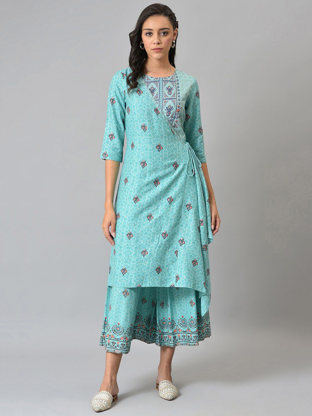 W Women Light Blue Glitter Printed Angrakha Jumpsuit