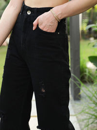 STREET 9 Women Black Flared High-Rise Mildly Distressed Pure Cotton Jeans