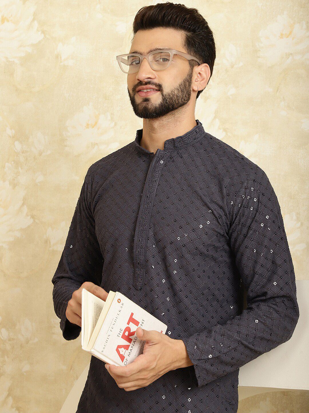 SOJANYA Kurta Lurus Bersulam Geometrik Kapas Tulen dengan Churidar