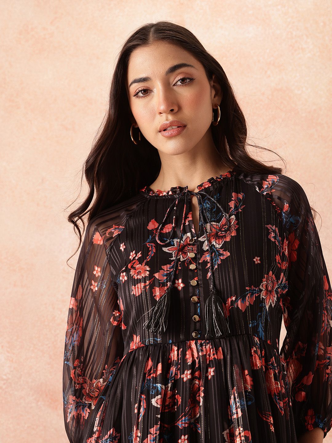 all about you Floral Print Tie-Up Neck Pleated Fit & Flare Midi Dress