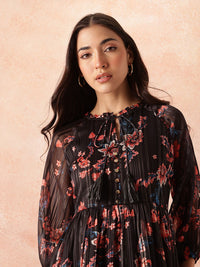 all about you Floral Print Tie-Up Neck Pleated Fit & Flare Midi Dress