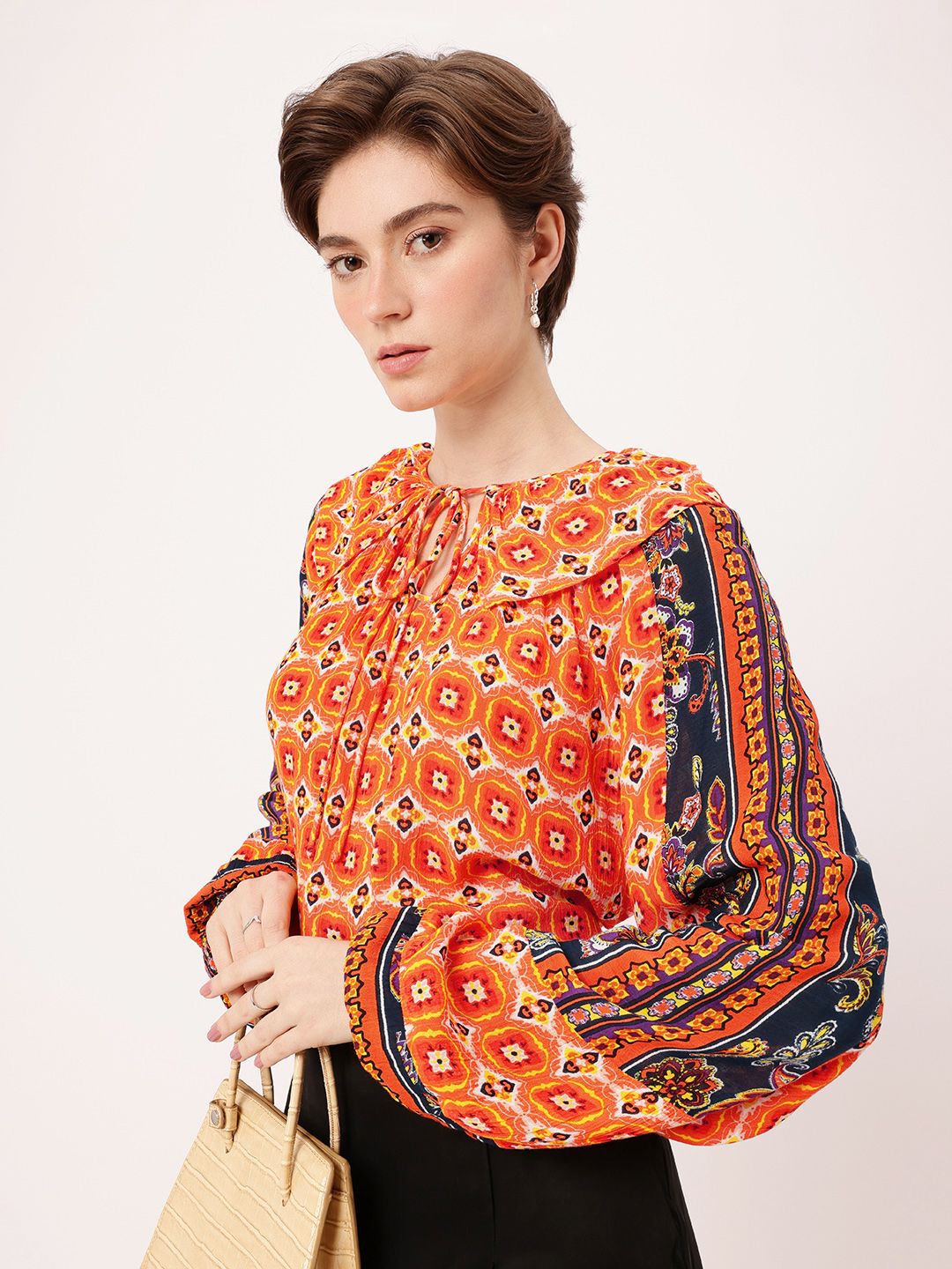 DressBerry Vibrant Vibes Printed Tie-Ups Gathers & Layer Detail Top