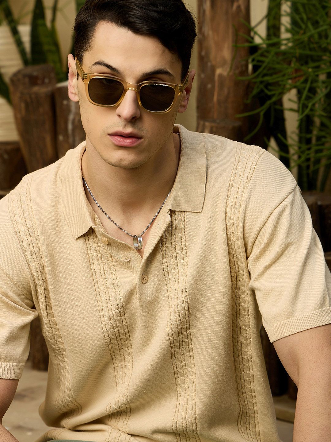 DENNISON Men Oversized Polo Collar Knitted T-Shirt