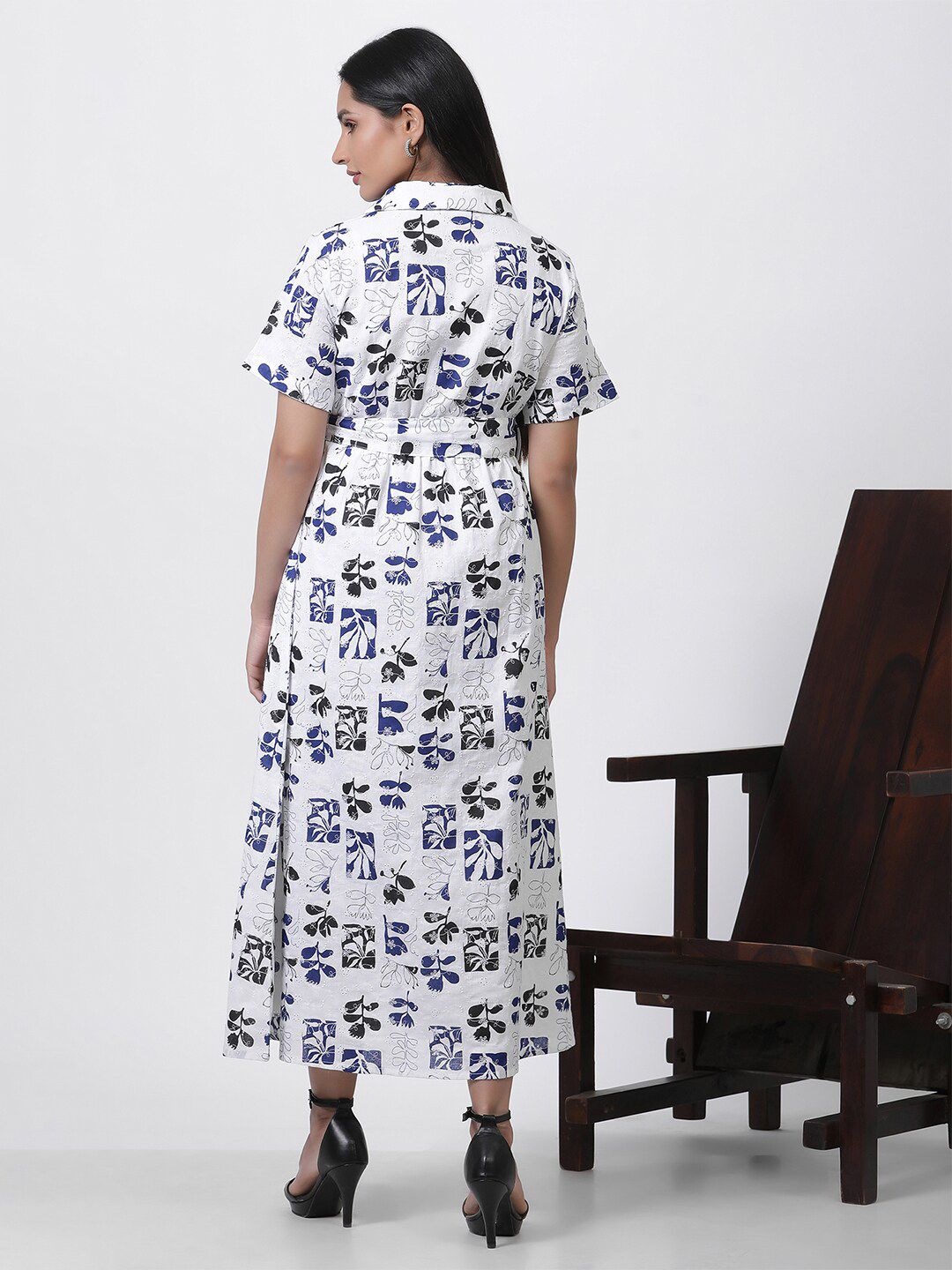 W Floral Printed Shirt Collar Short Sleeves Maxi Shirt Dress