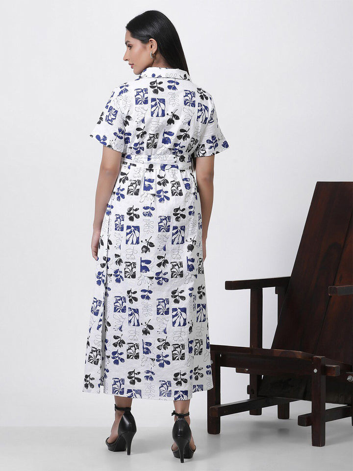 W Floral Printed Shirt Collar Short Sleeves Maxi Shirt Dress