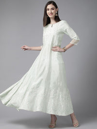 W Green & White Floral Ethnic A-Line Midi Dress