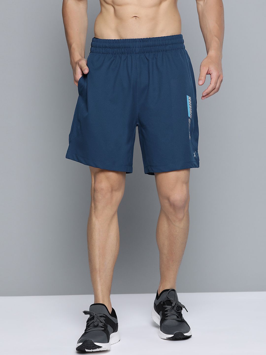 HRX By Hrithik Roshan Men Estate Blue Colourblock Regular Fit Rapid-Dry Antimicrobial Training Shorts