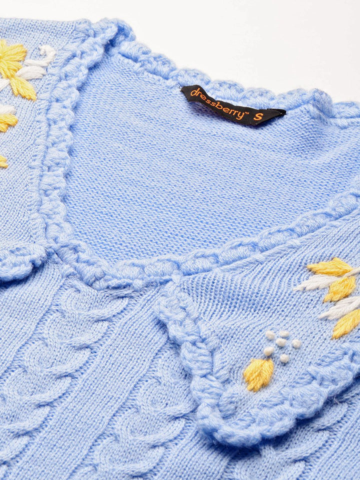 DressBerry Floral Embroidered Cable Knit Acrylic Pullover