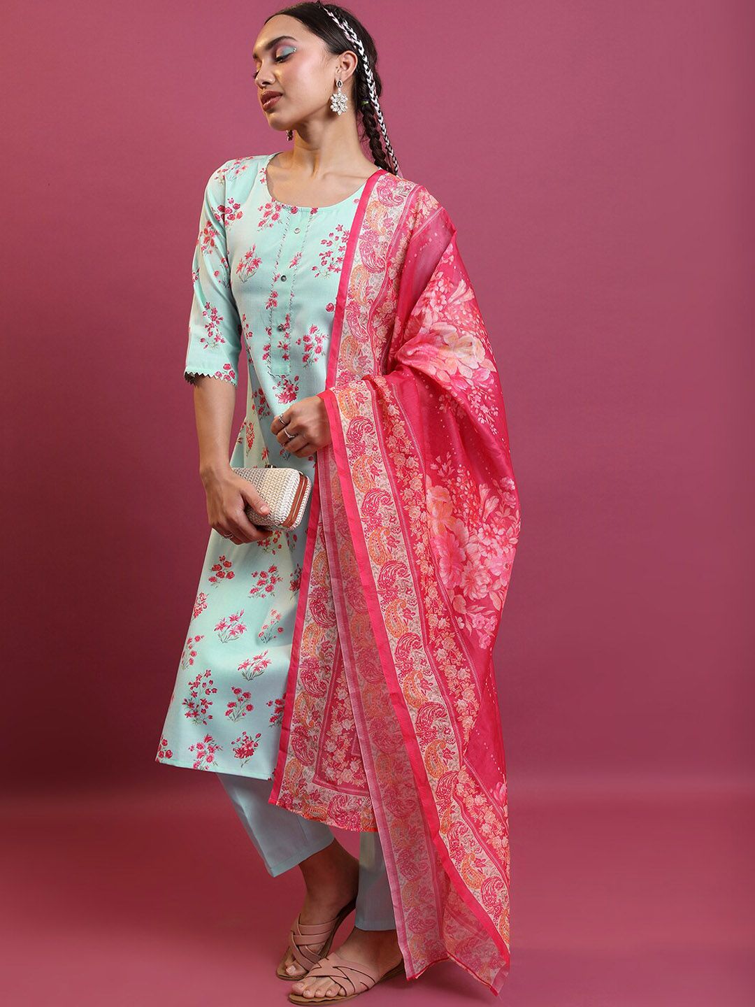 Vishudh Blue Floral Printed Gotta Patti Straight Kurta with Trousers & Dupatta