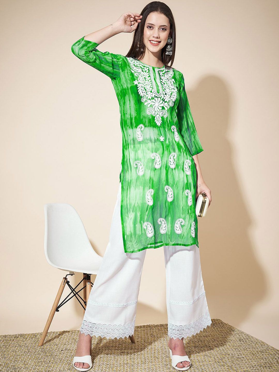 KALINI Paisley Embroidered Chikankari Georgette Straight Kurta