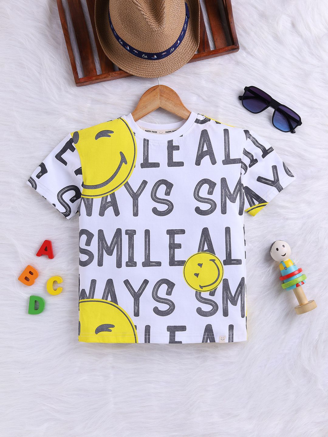 Happy Faces Boys Typography Printed Drop-Shoulder Sleeves Pure Cotton T-shirt
