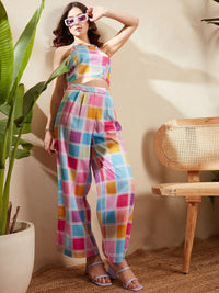 Berrylush Colourblocked Halter Neck Cropped Top WIth WIde Leg Trousers Co-Ords