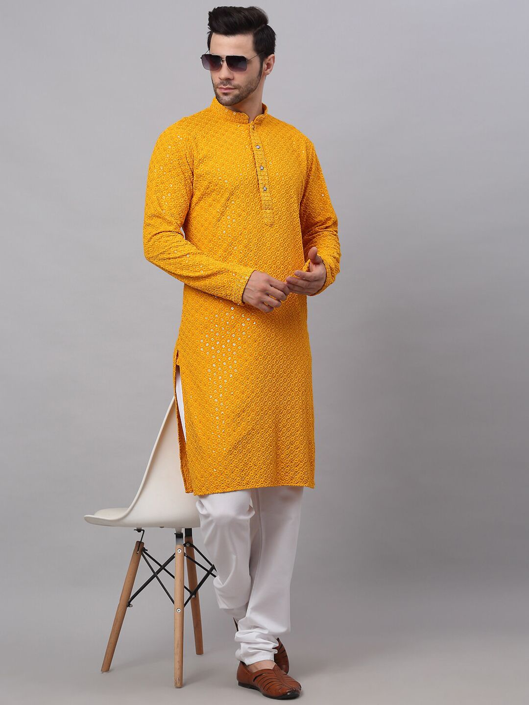 Jompers Men Mustard Yellow Floral Embroidered Sequined Cotton Kurta