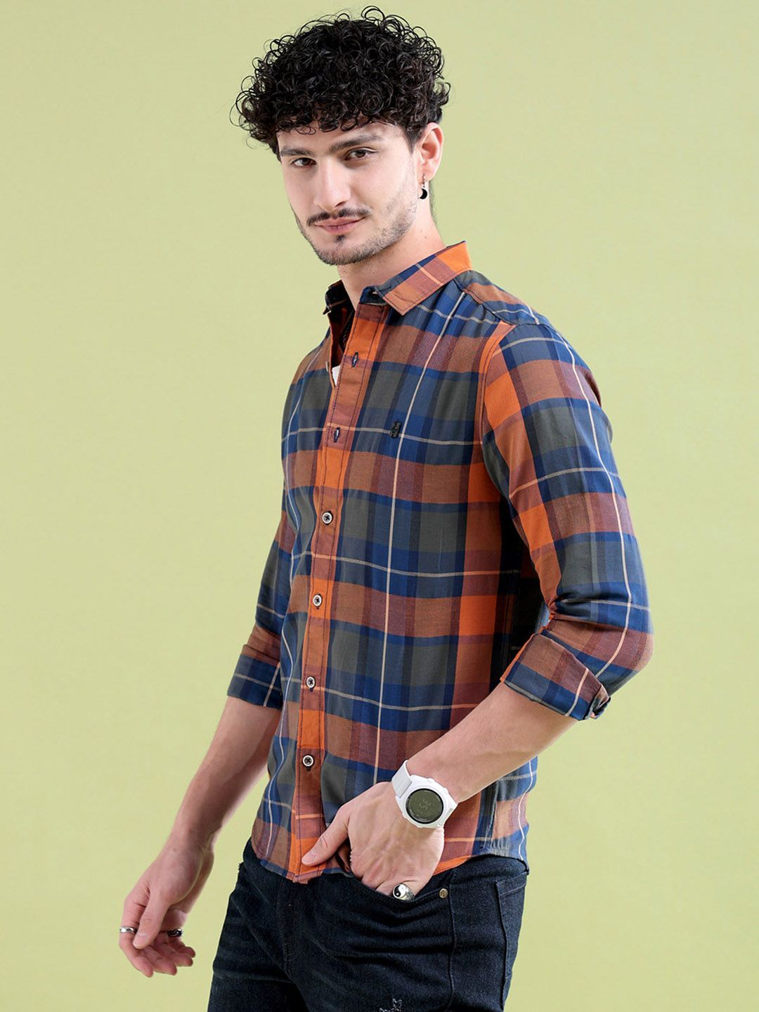 The Indian Garage Co Men Blue & Orange Checked Pure Cotton Casual Shirt