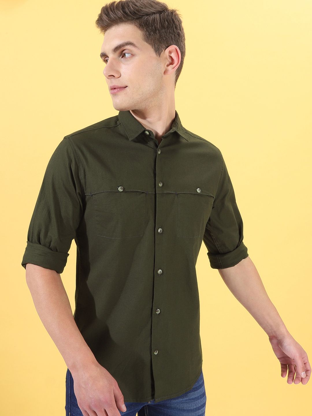 The Indian Garage Co Men Olive Green Slim Fit Solid Casual Shirt