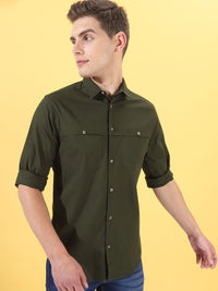 The Indian Garage Co Men Olive Green Slim Fit Solid Casual Shirt