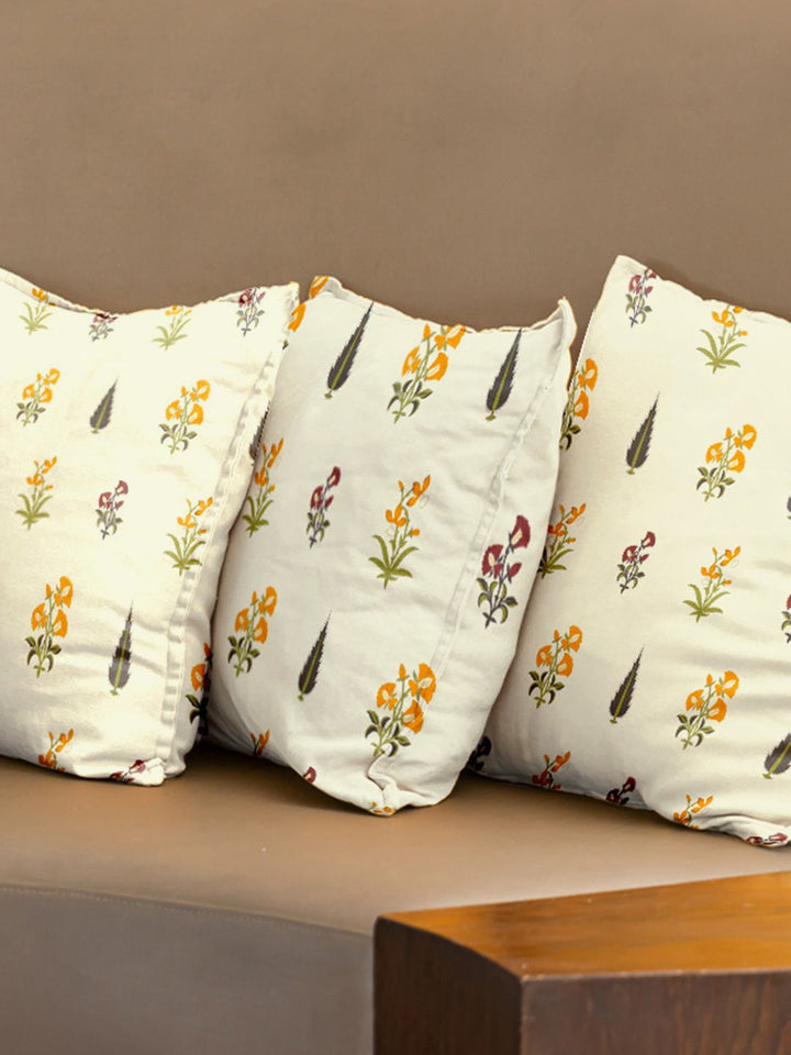 URBAN SPACE White & Yellow 3 Pieces Floral Printed Cotton Square Cushion Covers