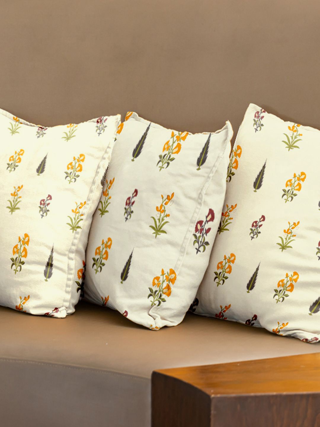 URBAN SPACE White & Yellow 3 Pieces Floral Printed Cotton Square Cushion Covers