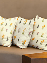 URBAN SPACE White & Yellow 3 Pieces Floral Printed Cotton Square Cushion Covers