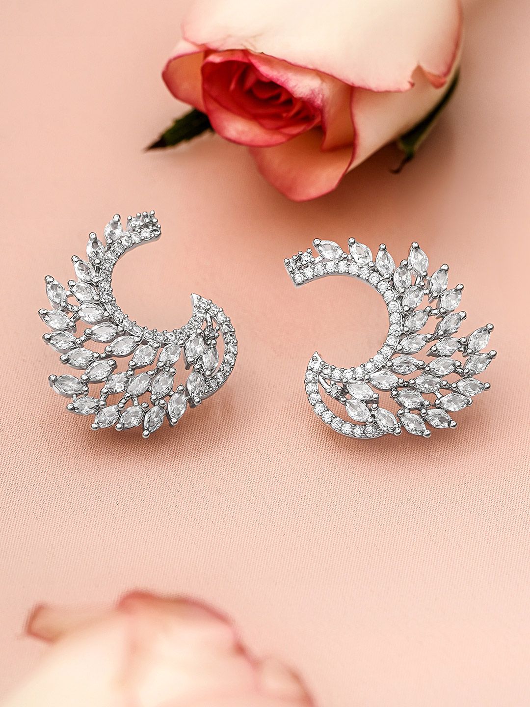 Rubans Silver-Toned & White Handcrafted Feather Shaped Drop Earrings