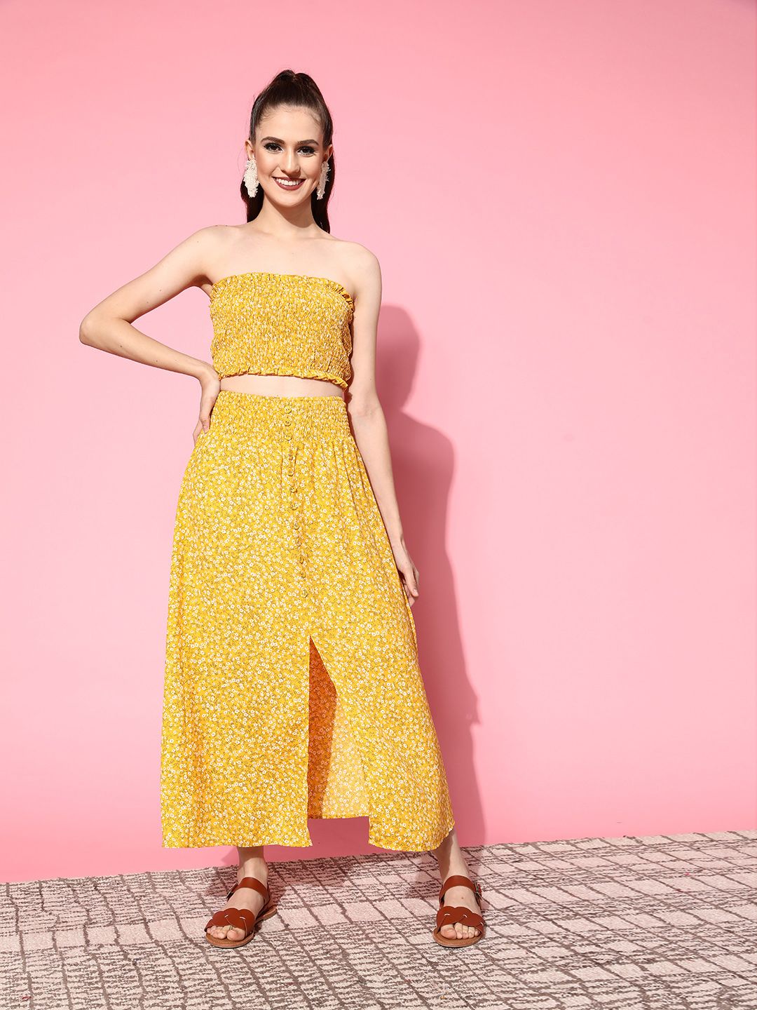 Berrylush Women Bright Yellow Printed Top with Skirt
